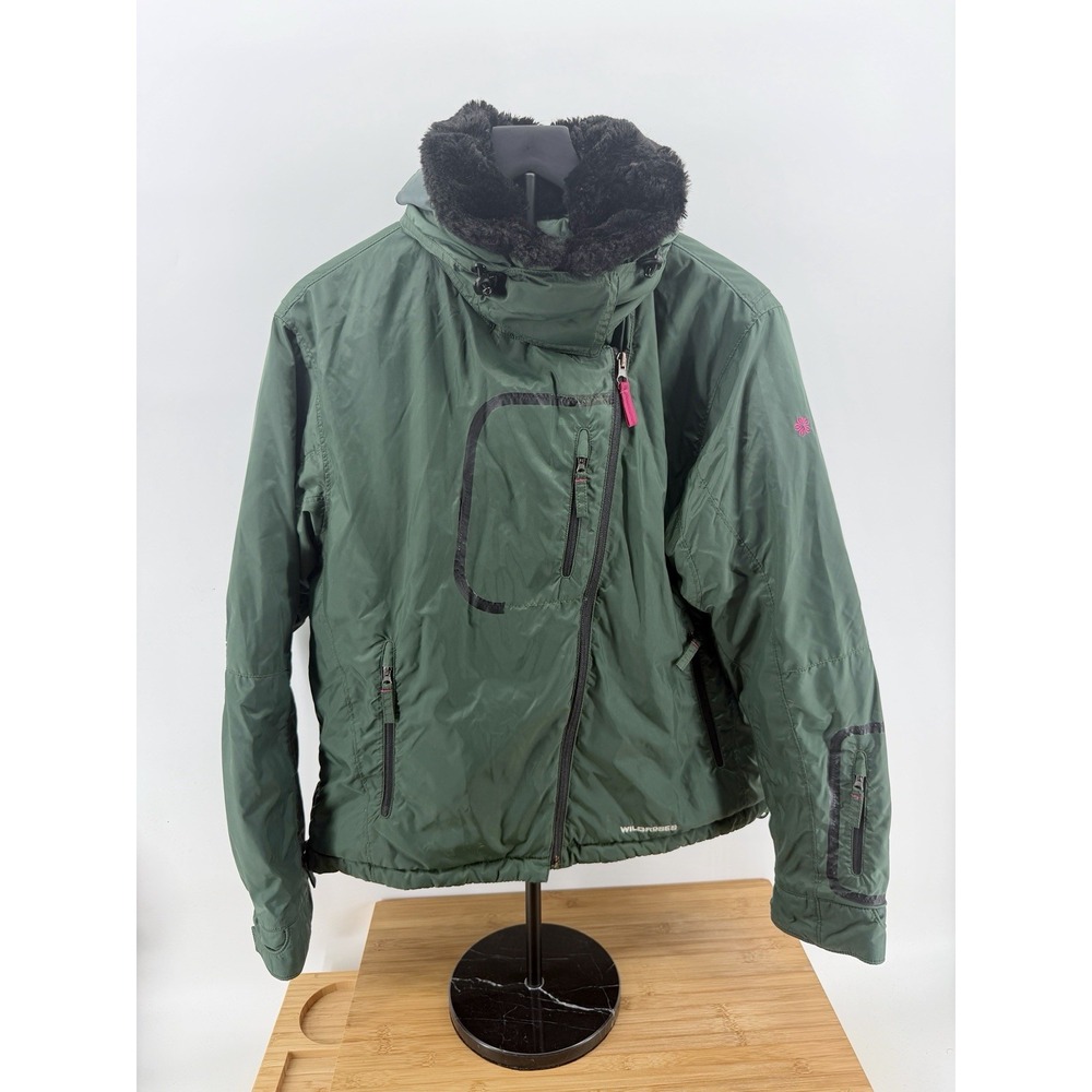 Wild Roses‎ Dark Green Padded Winter Jacket Detachable Collar Hood Women's L 10